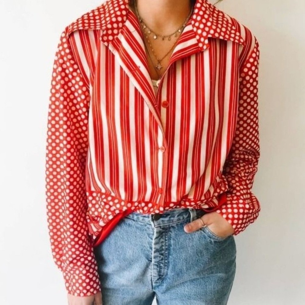 Vintage Lady Empress of Dallas Red White‎ Striped Polka Dot Button Down Blouse